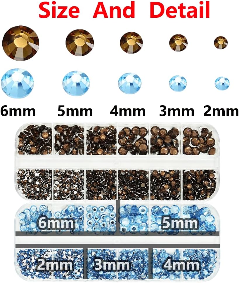 Rhinestones for Bedazzling with B7000 Glue, Light Blue Brown 2mm 3mm 4mm 5mm 6mm (SS8-SS30) Non-Hotfix Flatback Diamonds Kit, Nail Crystals Gems Beads for Bedazzle Crafting, DIY Nail Art