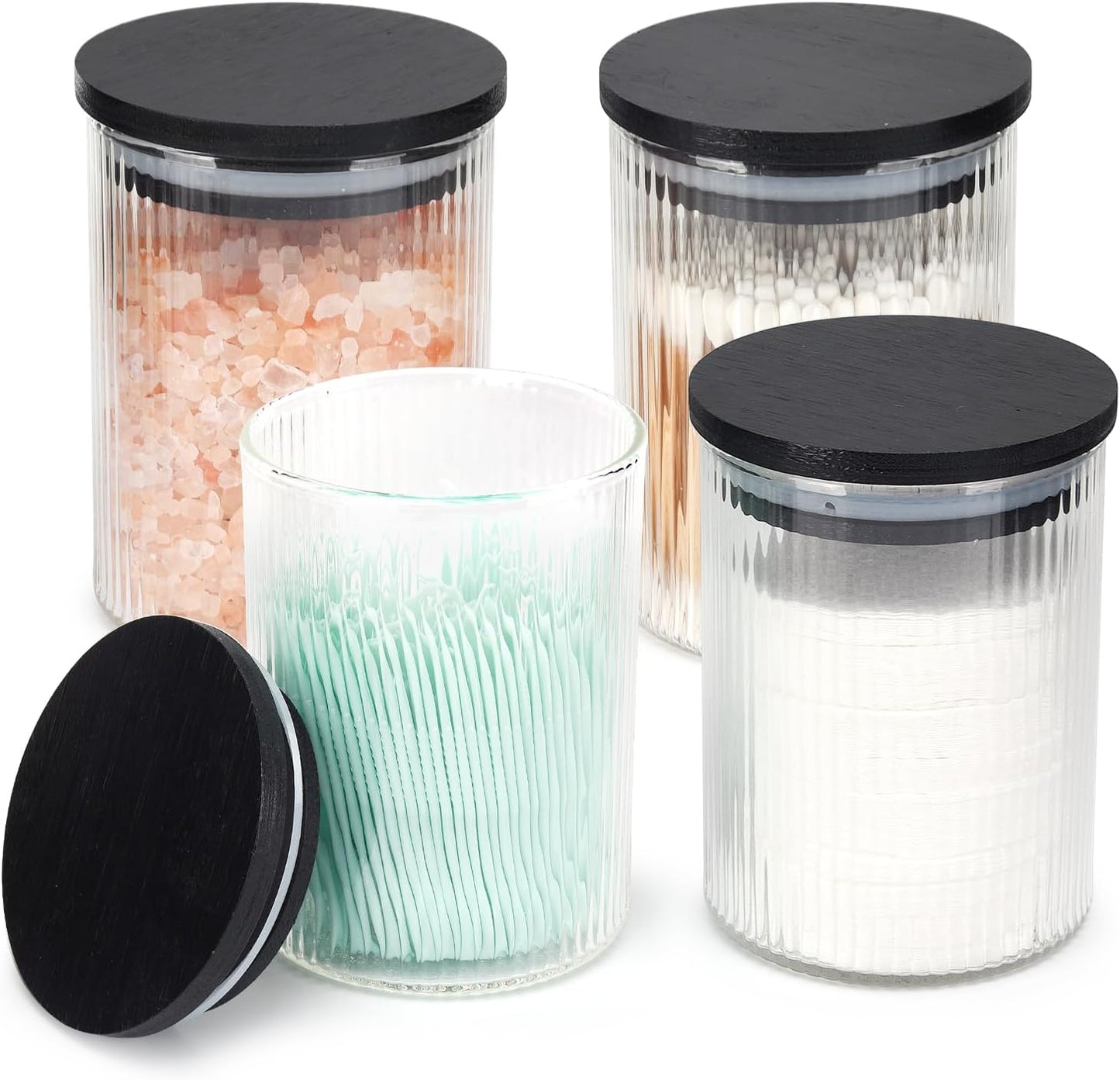 4 Pack Glass Qtip Holder Dispenser Set - Apothecary Jars with Lids for Vanity Makeup Organizer - Bathroom Canister Storage Organizer for Cotton Ball, Swab, Round Pads,Floss