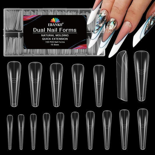 EBANKU Dual Nail Forms for Poly Extension Gel, 150 PCS Clear Coffin Nail Molds Reusable 15 Sizes Nail Extension Forms for Builder Gel Manicure Design Salon DIY