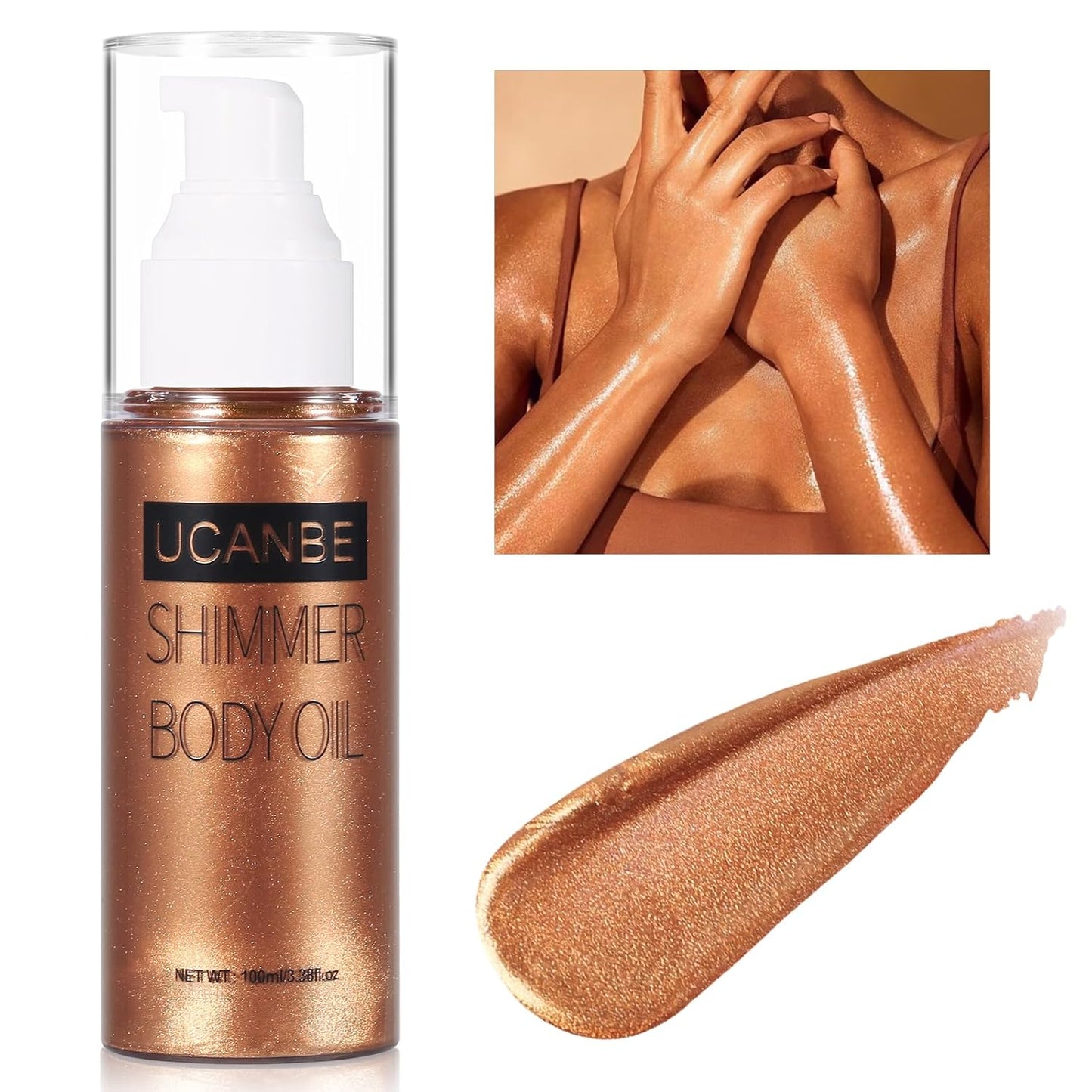 UCANBE Body Shimmer Oil - 100ml, Waterproof Shimmering Body Luminizer, Tinted Glow Glitter Oil, Golden Brown
