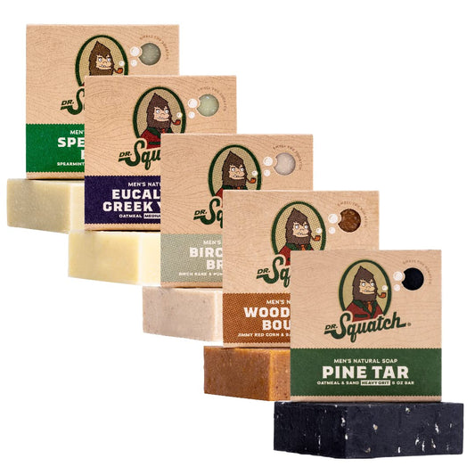 Dr. Squatch Natural Bar Soap for Men - Cold Process Soap with No Harsh Chemicals - Pine Tar, Wood Barrel Bourbon, Birchwood Breeze, Spearmint Basil & Eucalyptus Greek Yogurt (5 oz, 5-Pack)