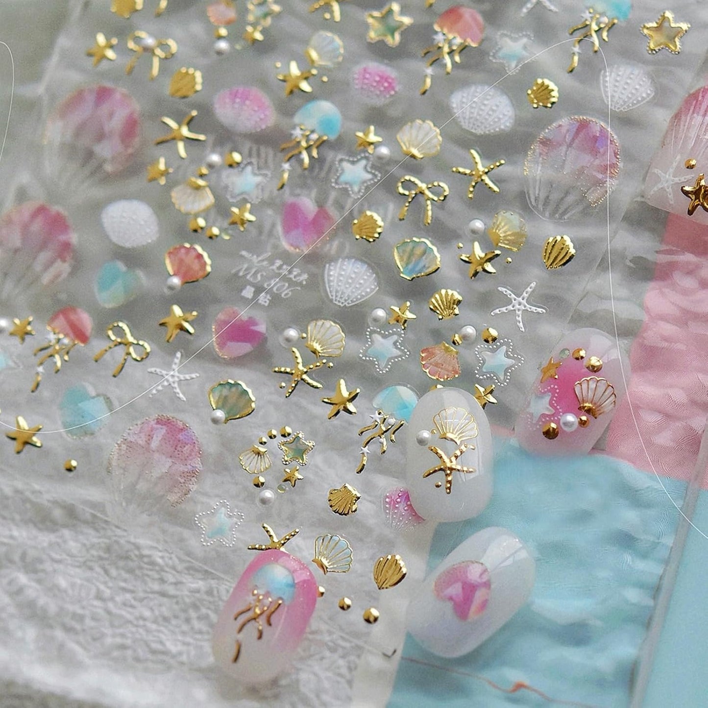 2Pcs Summer Nail Stickers for Nails Art,Self-Adhesive Star Shell Nail Art Stickers Seashell Nail Decals Starfish Jellyfish Pearl Nail Designs 5D Embossed Ocean Life Nails Supplies for Women Manicure