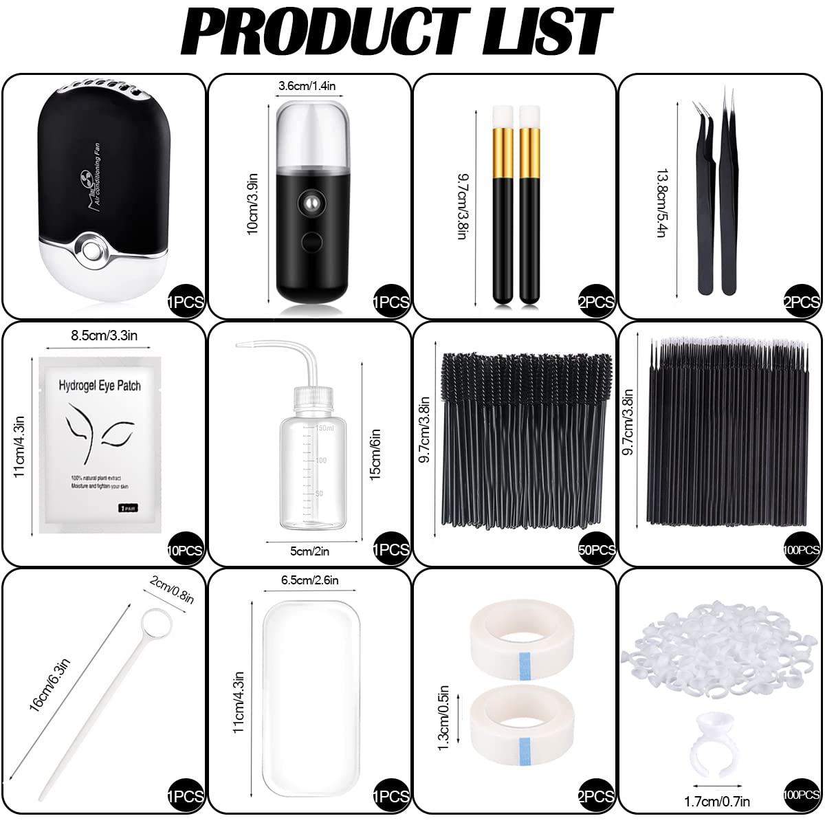 Eyelash Extension Supplies USB Air Conditioning Blower Facial Mister Lash Tweezers Mirror Mascara Brush Lash Shampoo Brush Bottle Silicone Pad Glue Rings Under Eye Gel Pads Micro Applicators Tapes