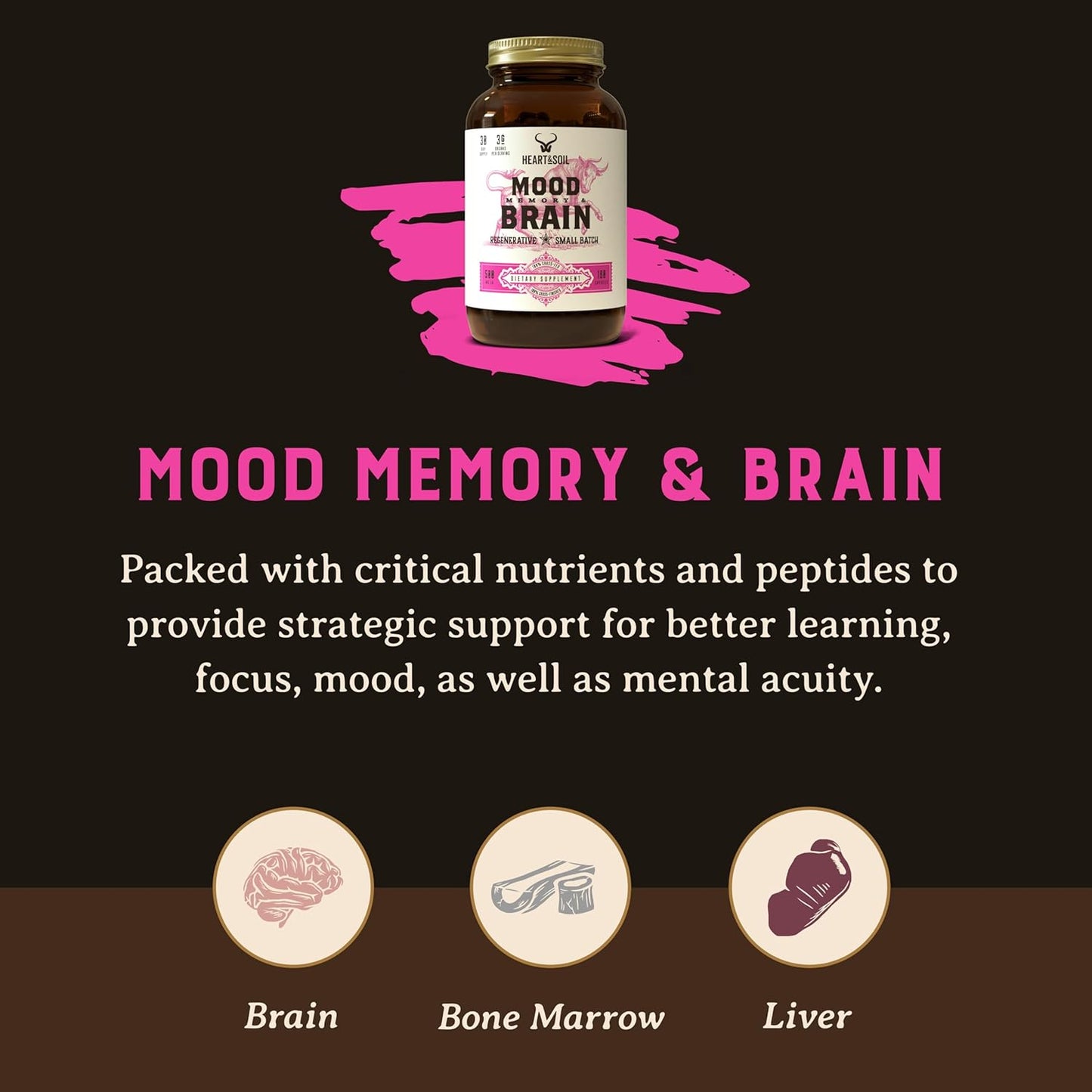 HEART & SOIL Grass Fed Beef Brain Supplement – 3000mg Brain Supplements for Memory and Focus with DHA, EPA, Choline, B12, Folate, Riboflavin, Selenium & Copper - Non-GMO, Allergen-Free - 180 Capsules