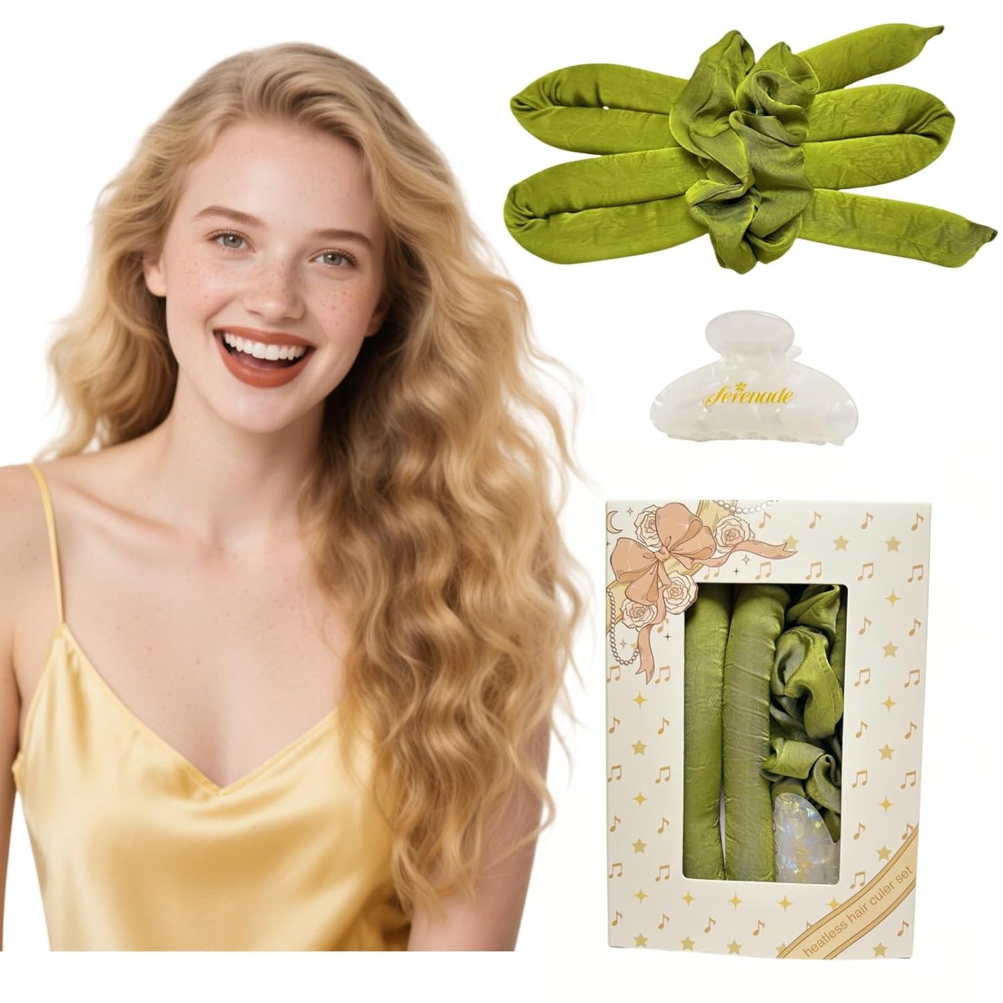 Serenade Textured Satin Heatless Curls Overnight, Heatless Hair Curler Curling Set for Women and Girls to Sleep in, with 2 Satin Scrunchies and 1 Clip for Overnight Curls, Green