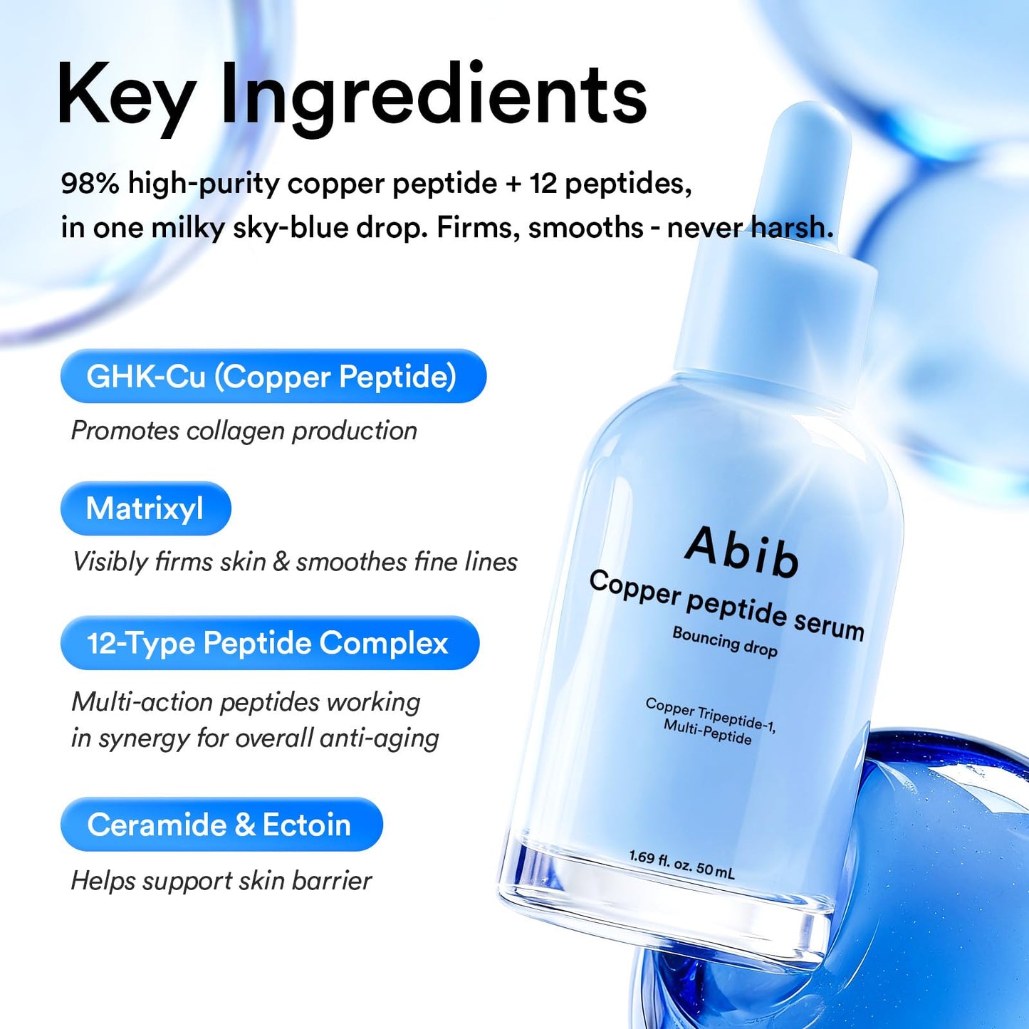 Abib Copper Peptide Serum Bouncing Drop – GHK-Cu Peptide, Argireline & Matrixyl Peptide Face Serum