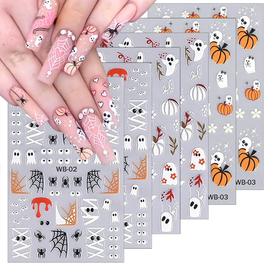 6 Sheets Halloween Cute Ghost Nail Stickers for Nail Art 3D Self-Adhesive Glitter Pumpkin Spider