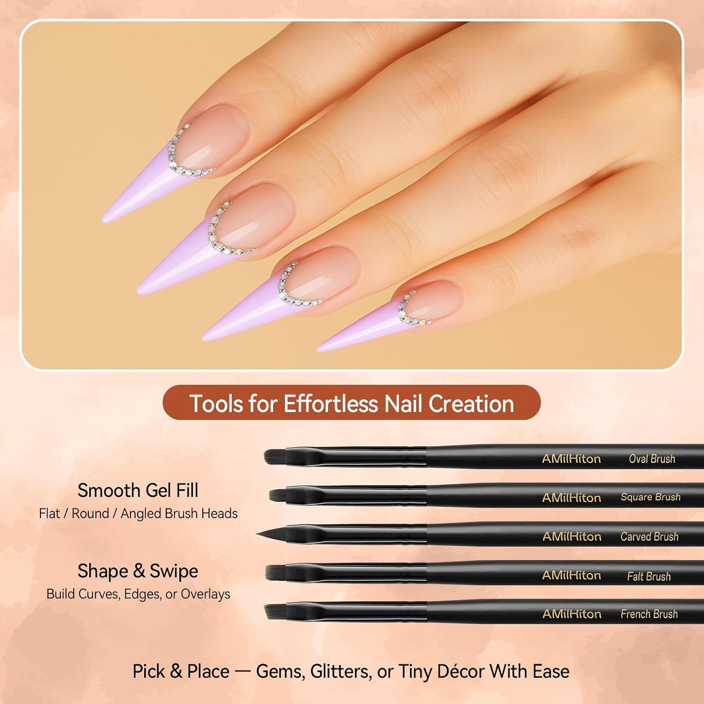 8PCS Nail Art Brushes for Builder Gel, Polygel & Polish – Flat, Round, Liner, French Tip & Detail Brushes for 3D Acrylic Flowers – Professional Nail Painting & Design Tools