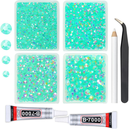 Aquamarine Green AB Resin Rhinestones w B7000 Jewelry Glue for Bedazzling Crafting 3mm-6mm Flatback