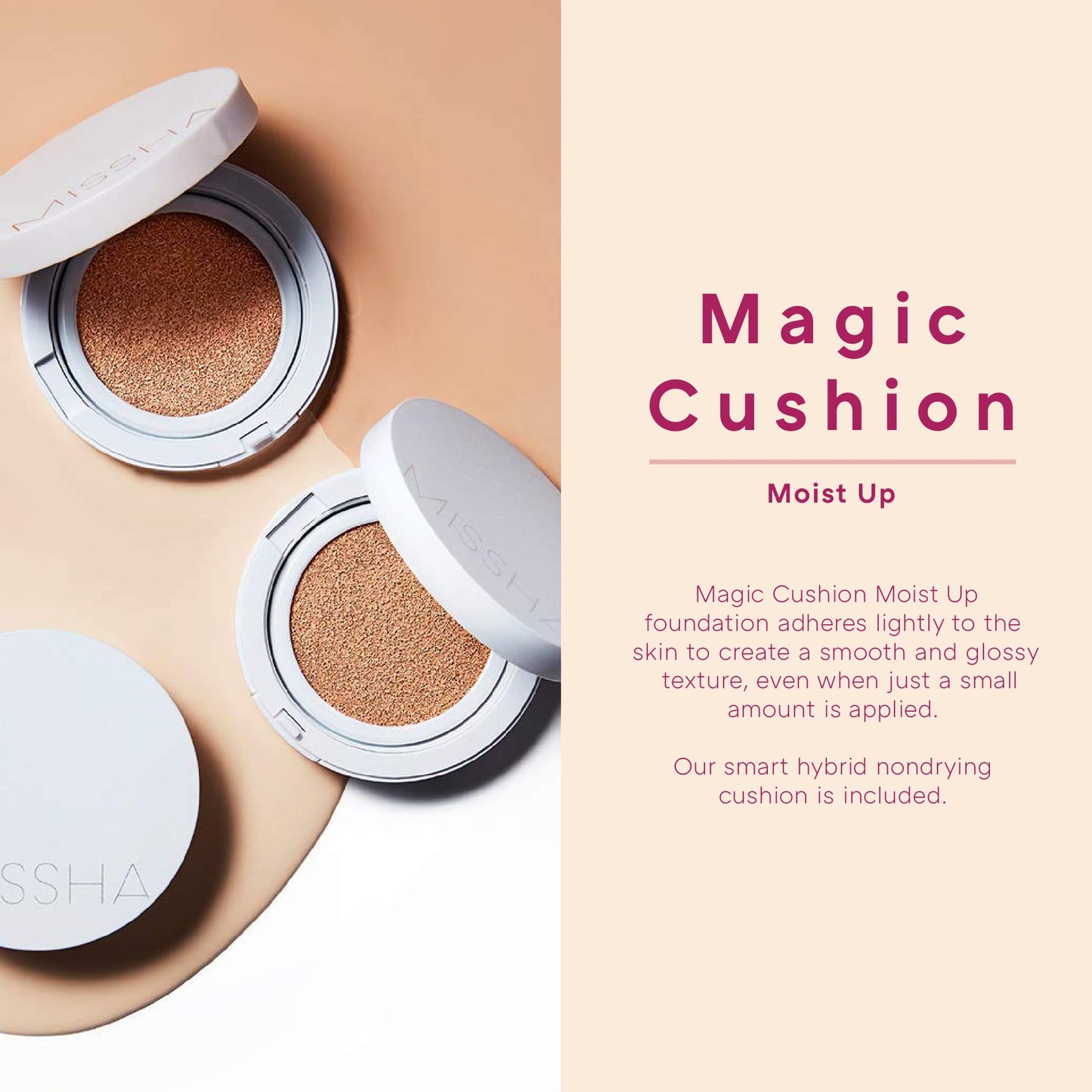 Missha Magic Cushion Moist Up No. 21 Light Beige for bright skin, Hydrating 3-in-1 Moisture Korean