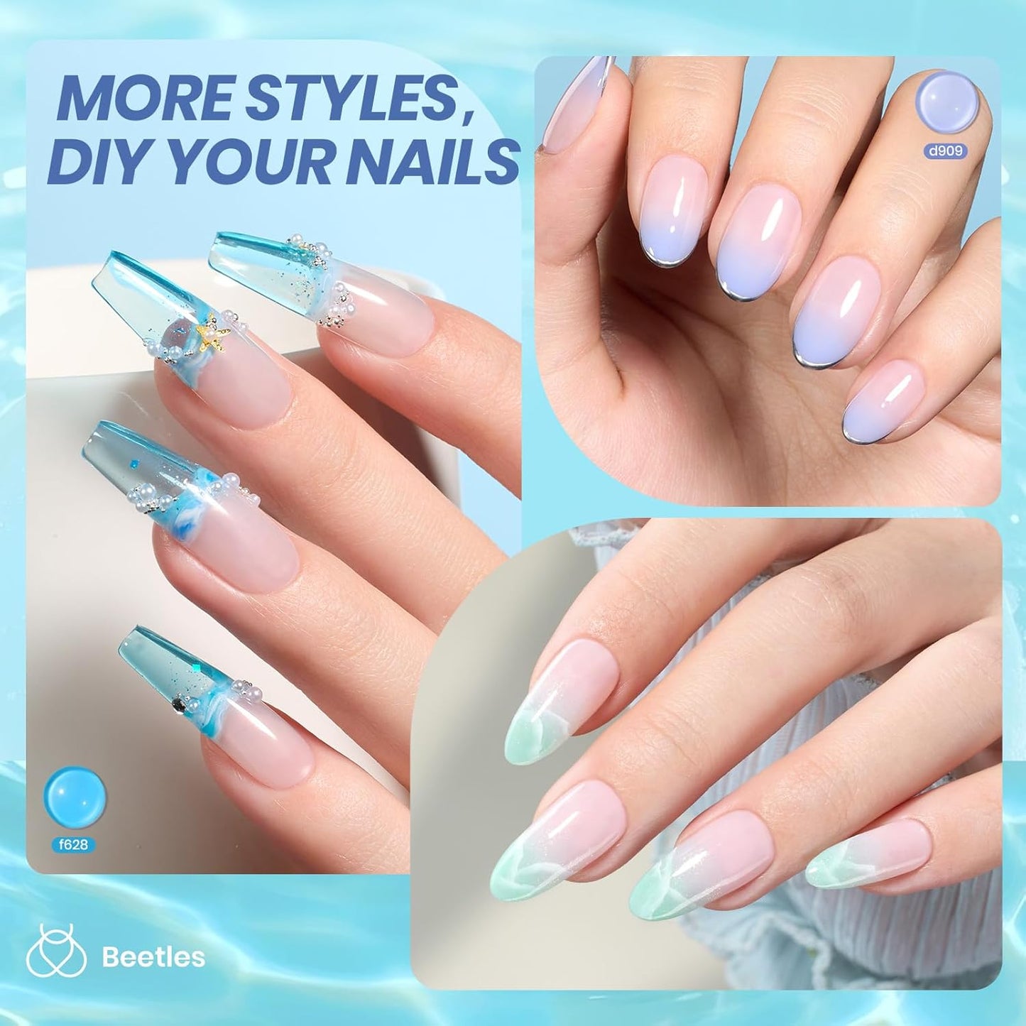 Beetles Jelly Gel Nail Polish Set, 6 Summer Colors Milky White Blue Green Turquoise Shimmer Translucent Sheer Color Gel Polish Kit Soak off Uv Nail Concealer Bubble Splash Series Gift for Women