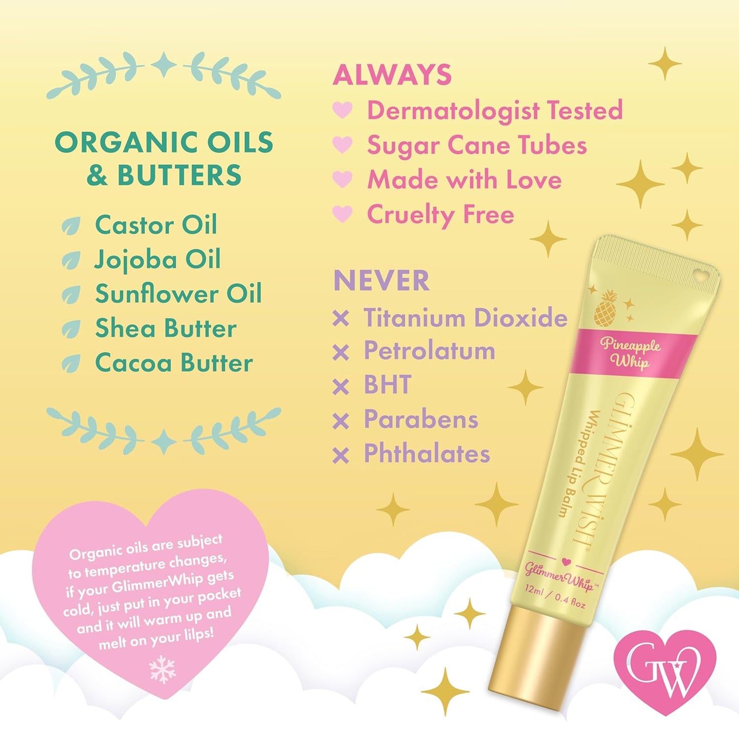 Glimmer Wish Glimmer Whip Hydrating Lip Balm – Organic Castor & Jojoba Oils, Shea & Cocoa Butters – Vegan, Non-Toxic, Moisturizing Lip Care (Pineapple Whip)
