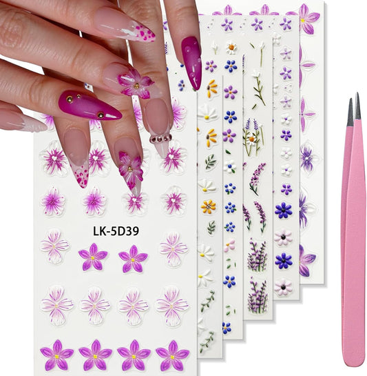 Nail Art Stickers Decals 5D Embossed Flower Nail Decals Self Adhesive Spring Summer Supplies 3D