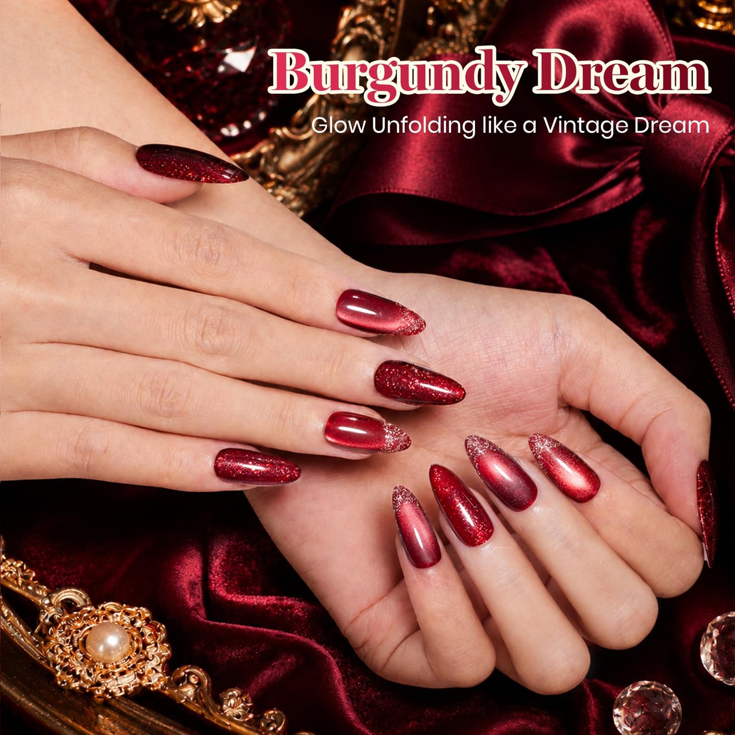 Beetles Red Gel Nail Polish Set, Jelly Glitter Cat Eye Solid Color