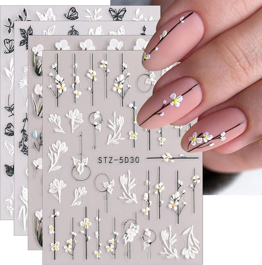 JMEOWIO 3D Embossed Flower Spring Nail Art Stickers Decals Self-Adhesive Pegatinas Uñas 5D Summer