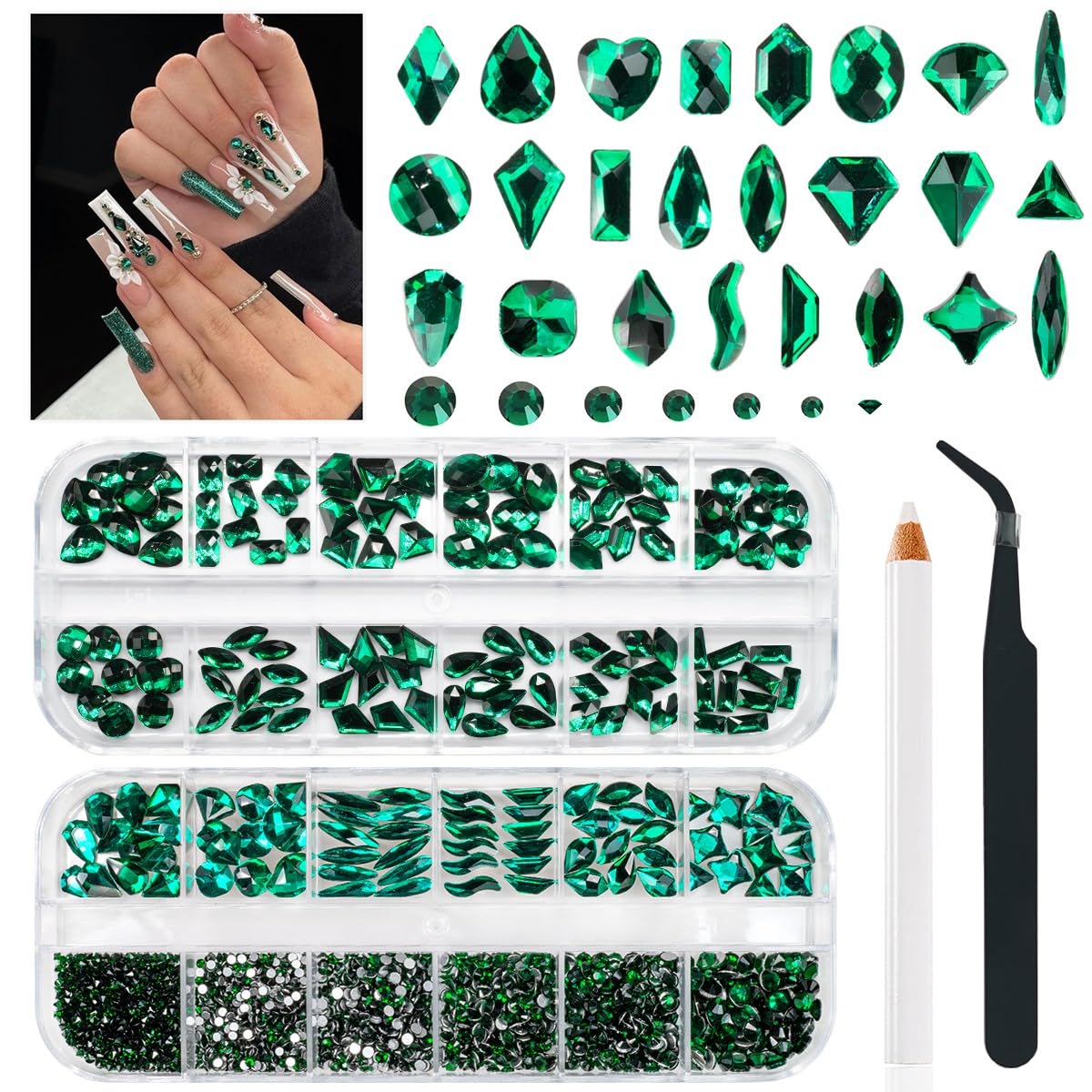 24 Styles Emerald Green Nail Rhinestones Multi Shapes Flatback Crystals Gems Round Beads K9 Glass Stones Diamonds Jewels Nail Art Charms Supplies for Nails Face Eyes Makeup Crafts Clothes Shoes