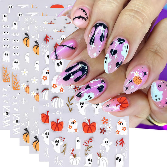 6 Sheets Halloween Nail Art Stickers 3D Self-Adhesive Cute Ghost Spider Spider Web Pumpkin Nail
