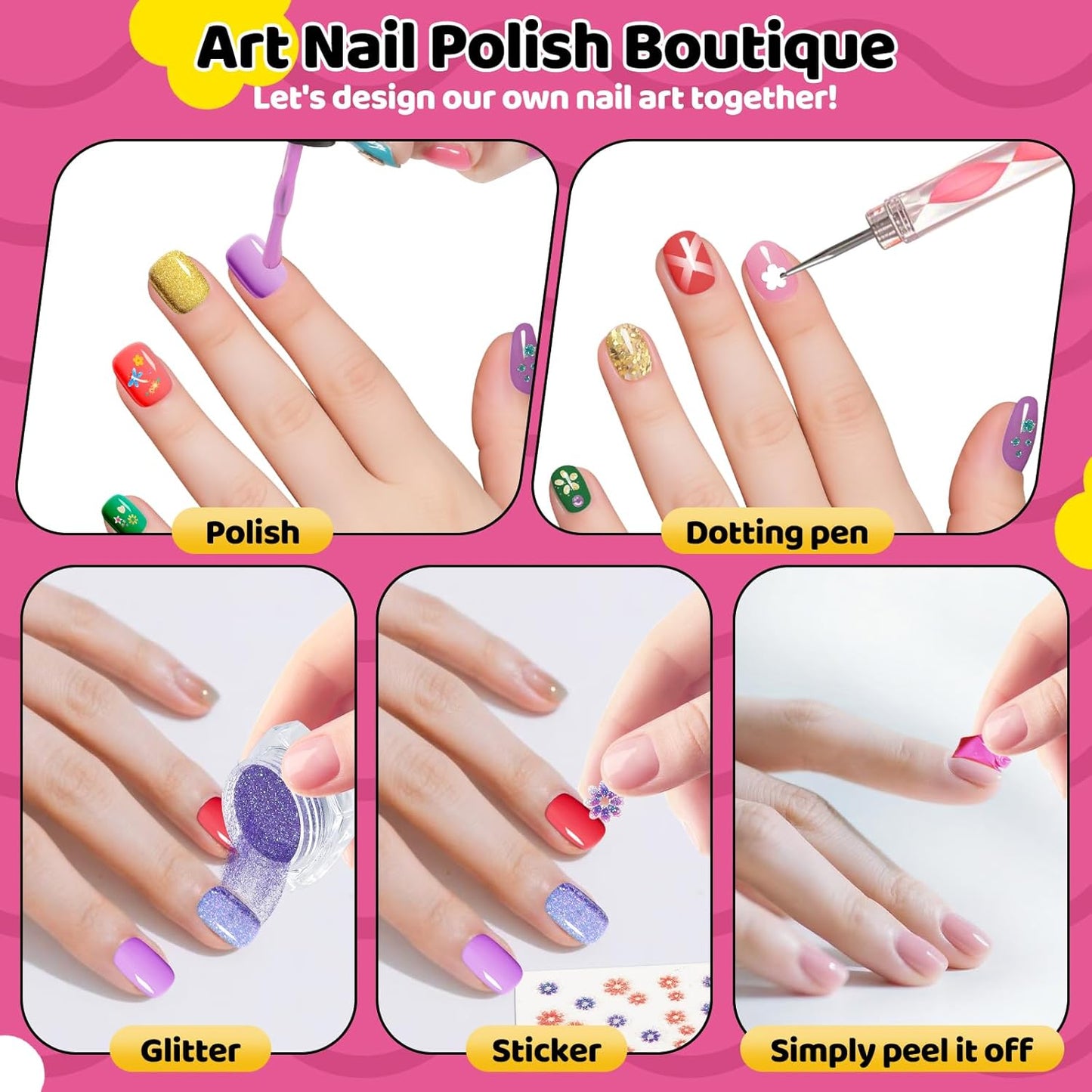 Tudaymol Nail Polish Set for Kids - Water-Based Peelable Polish-8 Colors with Glitter, Gems, Stickers, Pens, Tools, DIY Nail Art Kit, Non-Toxic Girl Toys Birthday Gift for Girls Ages 6 7 8 9 10 11 12