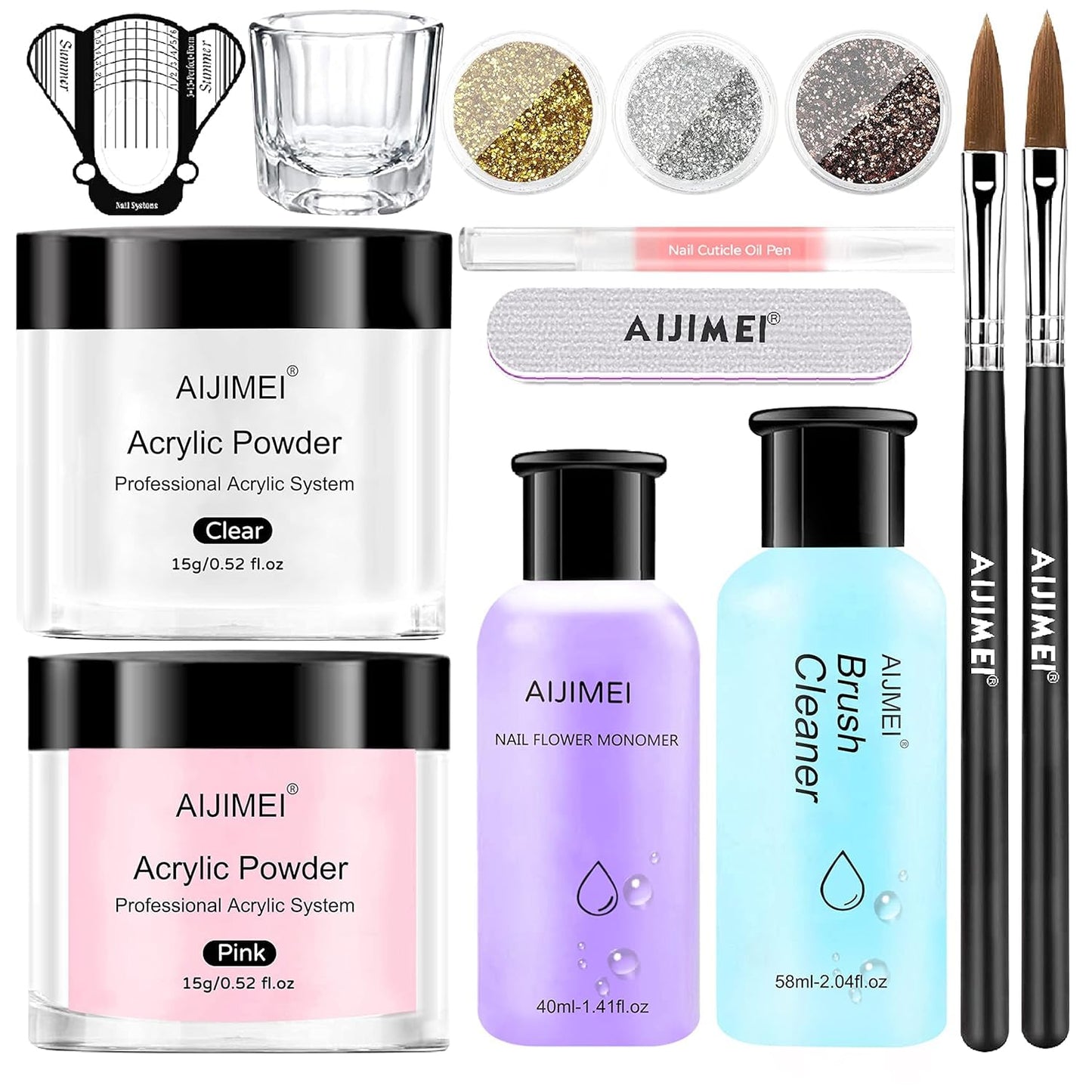 AIJIMEI Acrylic Powder Nail Kit With Professional Liquid Monomer, Brush Cleaner, and Tools Set for Nail Extension System