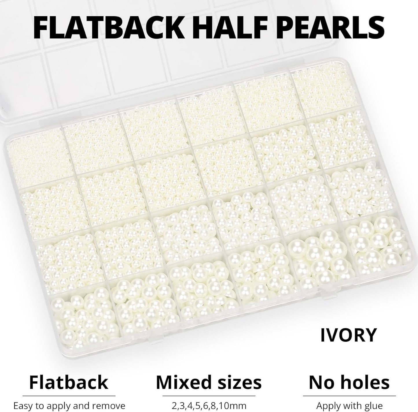 16000Pcs Flatback Pearls for Crafting, Ivory Flat Back Assorted Sizes 2/3/4/5/6/8/10mm Half Pearl Beads Bedazzling for Crafts Clothing Tumbler Shoes Wedding Gown Nails with B7000 Jewelry Making Glue