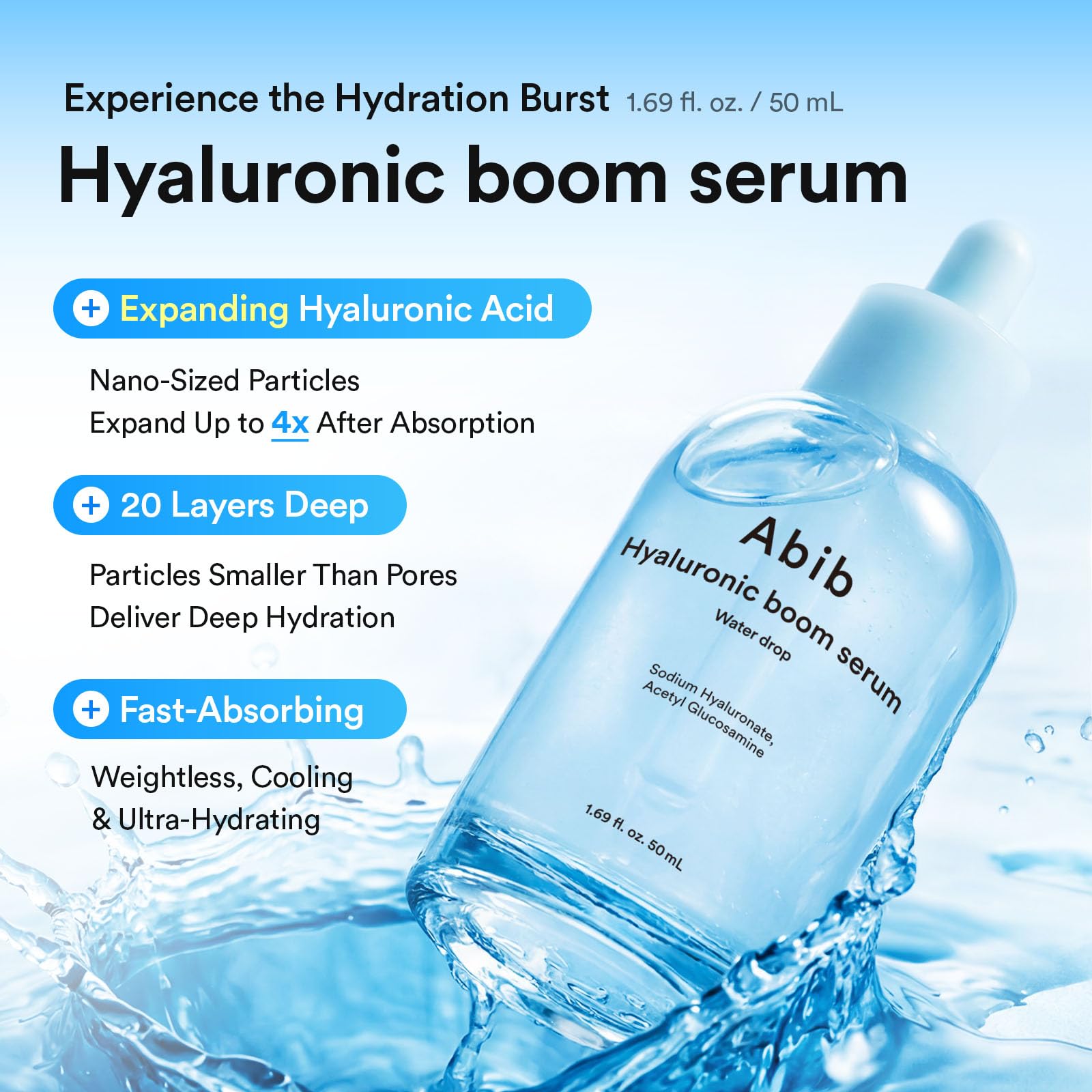 Abib Hyaluronic Boom Serum Water Drop, Expanding Nano-Sized Hyaluronic Acid, 20-Layer Deep