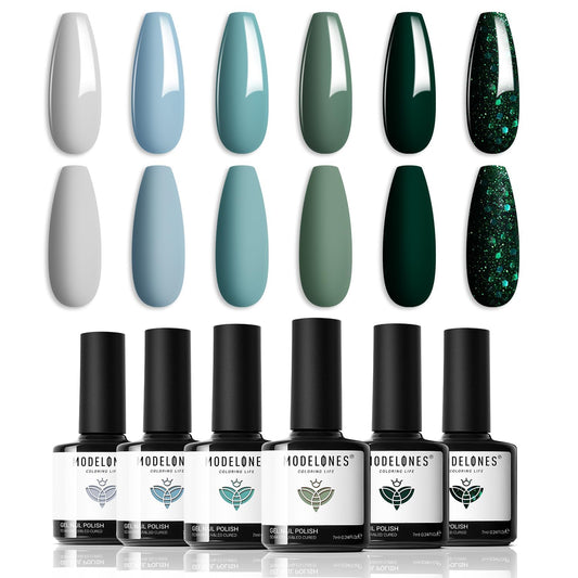 modelones Gel Nail Polish Set - 6 Colors Misty Gray Dark Green Glitter Gel Polish Kit Sage Green Baby Blue Nail Polish Soak Off LED Nail Lamp Nail Kit Fall Winter Nails Salon DIY Gift