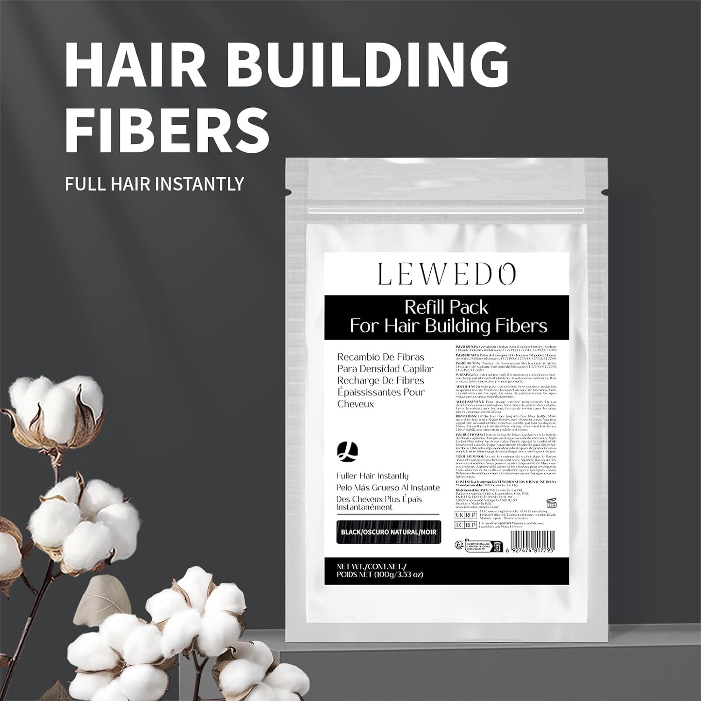 Hair Building Fibers Refill Pack - 100g Instant Thickening Fibers for Men & Women, Natural Cotton Powder, Wind/Rain Resistant, For All Hair Fiber Applicator Bottles (Black)