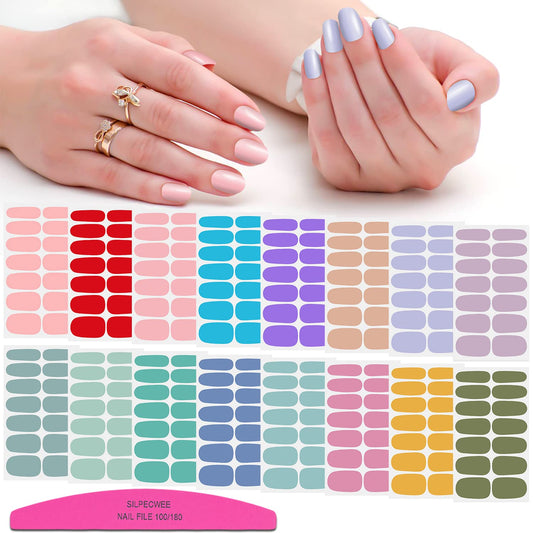 SILPECWEE 224 Pieces 16 Sheets Nail Polish Strips Solid Color Adhesive Nail Stickers Full Nail