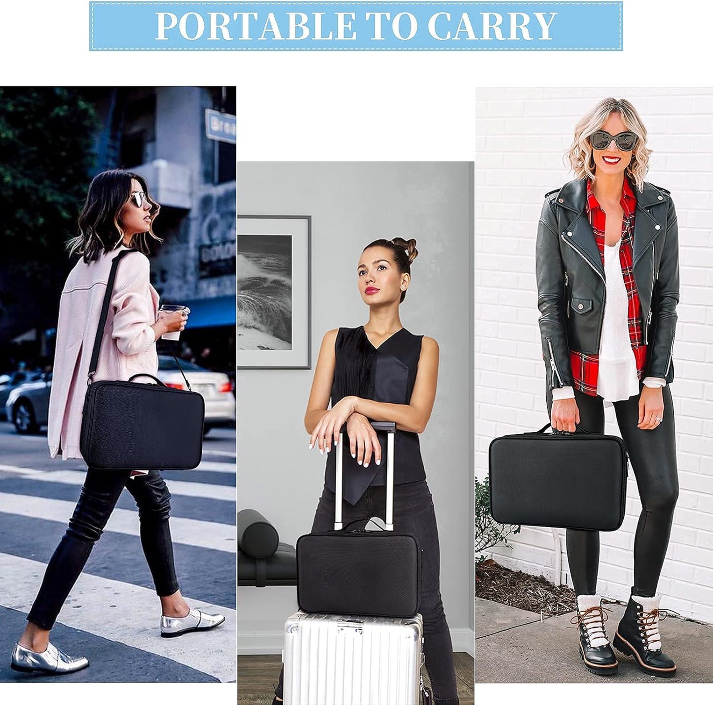 JOURMON Travel Makeup Case 3 Layers Makeup Train Case Portable Makeup Bag Organizer Portable Artist Storage Bag with Adjustable Dividers and Shoulder Strap（Black, M）