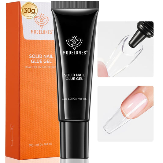 modelones Solid Nail Glue Gel, 30g Glue Gel on Nails for Clear Tips Super Strong Adhesive for Acrylic Extensions Press On Fake Tips U V Curing Needed Professional Adhesive