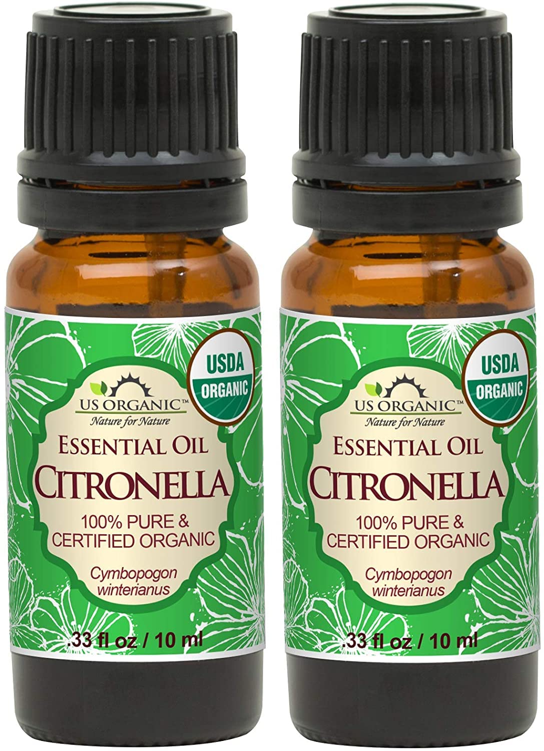 US Organic Citronella Essential Oil, USDA Certified, 100% Pure, 10 ml Pack of 2, Improved caps and droppers – Used for Skin Care, Many DIY Projects Like Candle Making and Much More