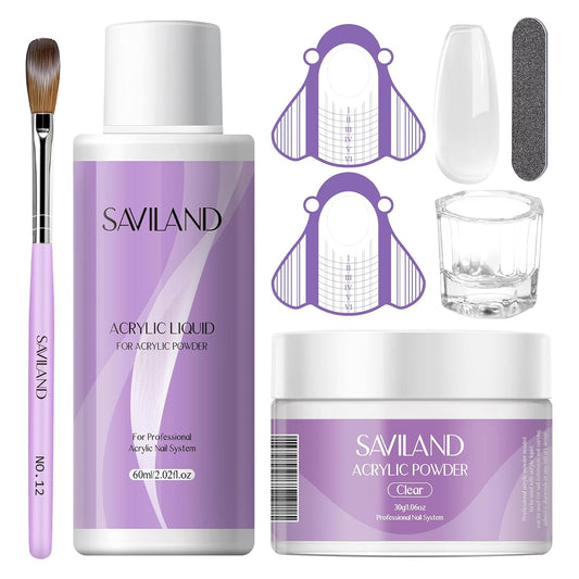 SAVILAND Acrylic Nail Kit Starter Set: Clear Acrylic Powder and Liquid Set With Brush, Forms, Tools for Extension, DIY Home Salon Application - Nail Kit for Beginners with Everything