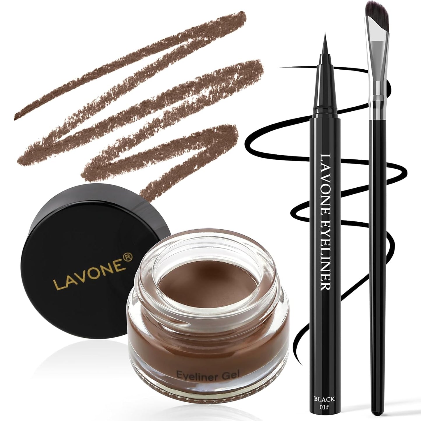 LAVONE Eyeliner Set - Waterproof Makeup Kit with Liquid Eye Liner Pencil, Gel Eyeliner and Angled Eye Liner Brush, Waterproof, Smudge Resistant, Long Lasting Formula - Dark Brown