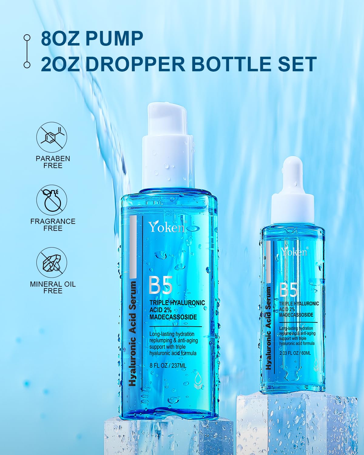 Yoken EWG Verified Hyaluronic Acid Serum for Face 8 + 2 fl oz, Vitamin B5 & Triple Pure Hyaluronic Acid 2%, Anti-aging Facial Serum for Fine Line Wrinkle Hydrating Serum Plump Dry Skin Fragrance-Free