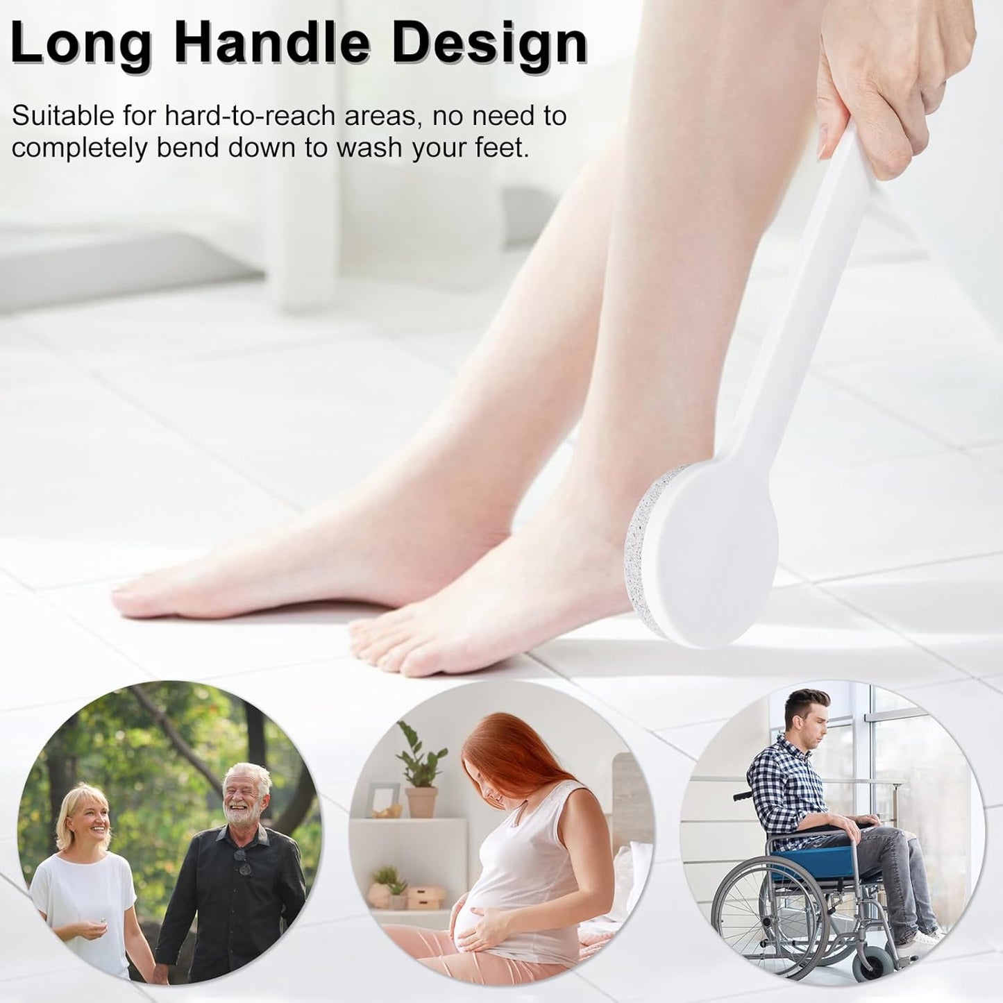 Pumice Stone for Feet with Long Handle (Straight Handle,White, Count, 1.0)