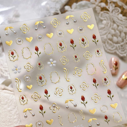 Tulip Nail Art Stickers 5D Embossed Flower Pearl Cherry Nail Stickers, Self-Adhesive Durable Nail