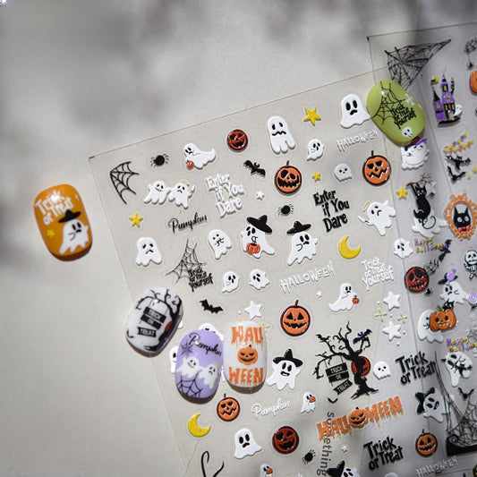 5D Embossed Halloween Nail Stickers Cute Ghost Pumpkin Self-Adhesive Nail Art Pegatinas Uñas with