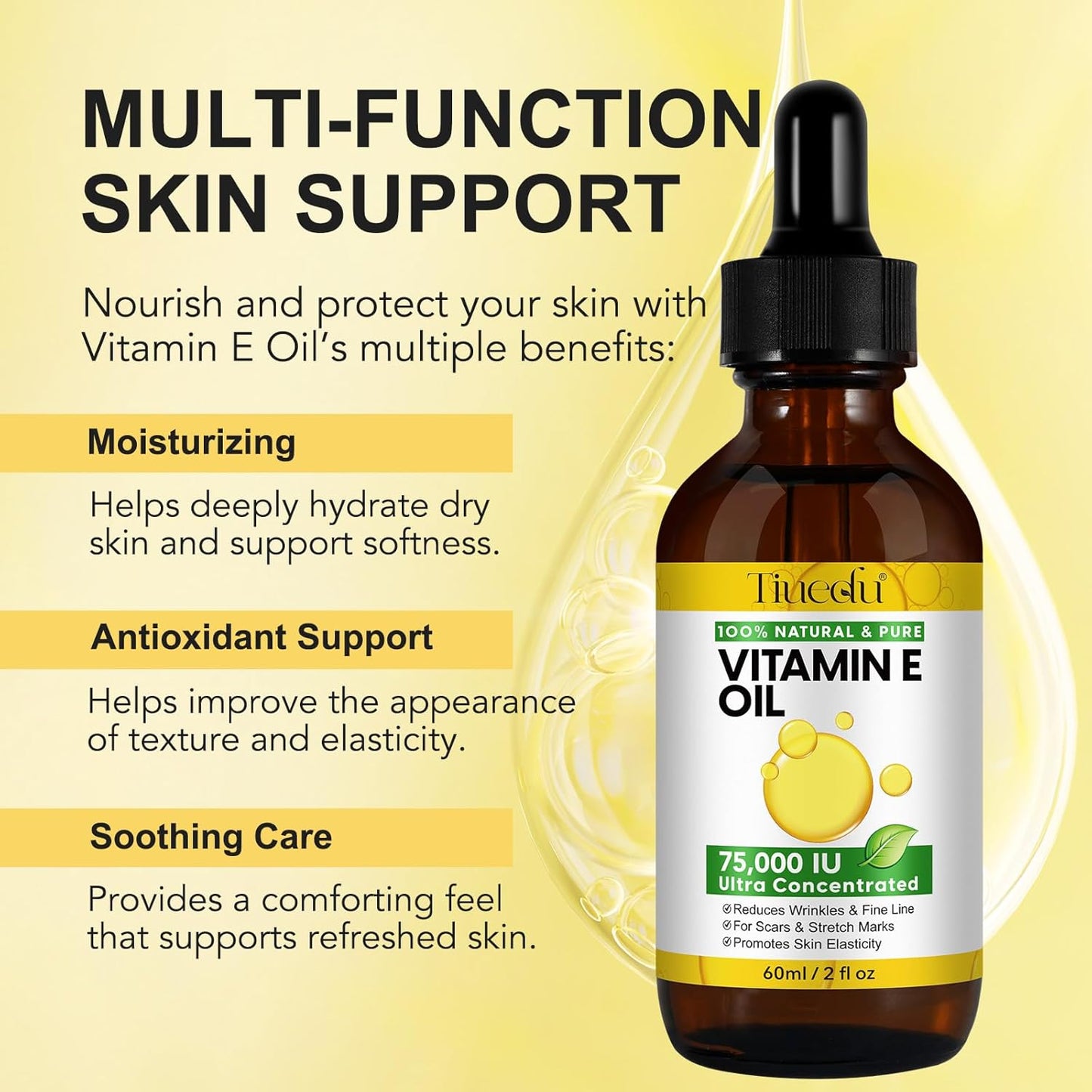 Tiuedu Natural Vitamin E Oil for Skin, 75,000 IU Ultra Concentrated Vitamin E Oil for Face, Hair and Scars, Moisturizing Dry Skin Oils, Promotes Skin Elasticity, 2Fl Oz
