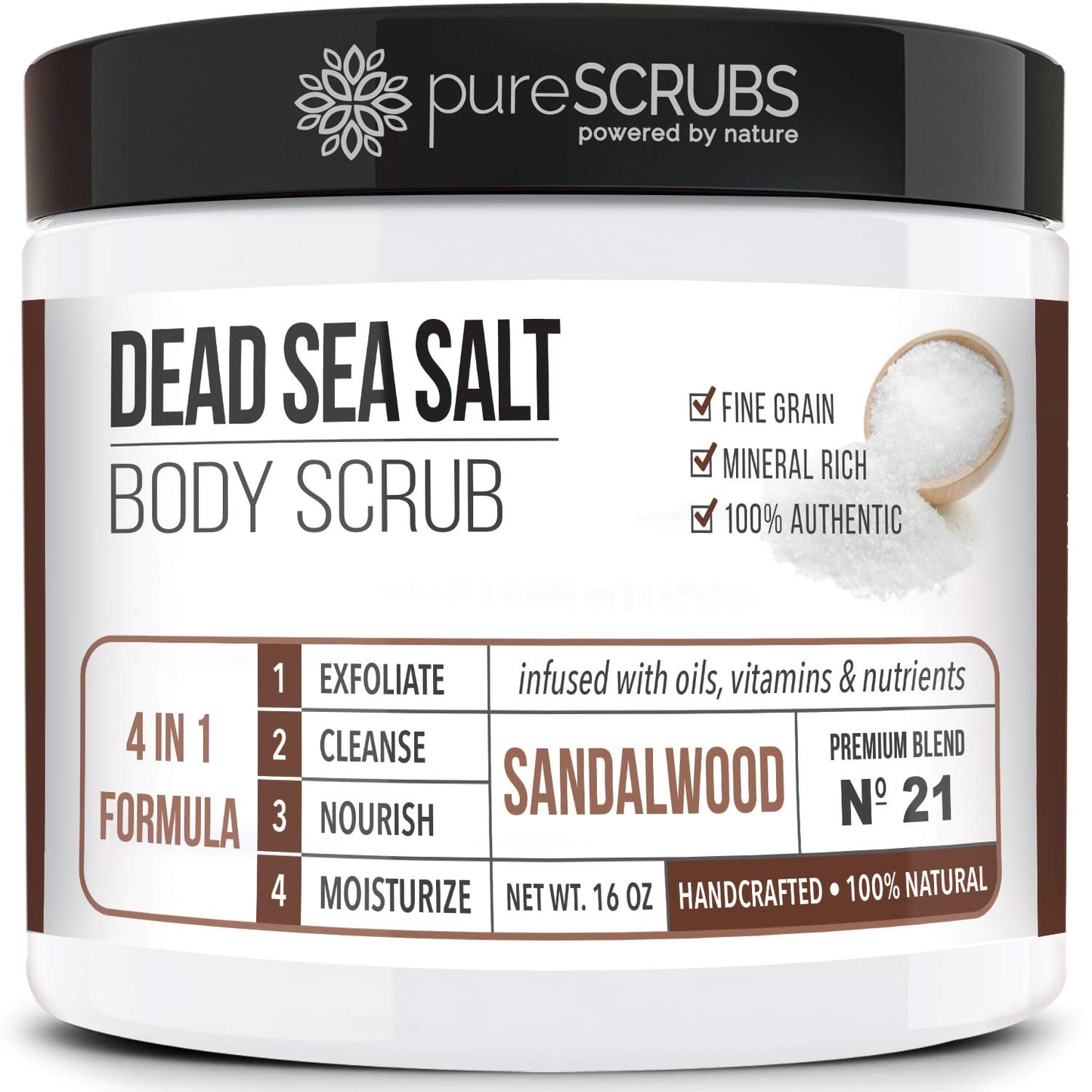 pureSCRUBS Premium Sandalwood Body Scrub Set - Large 16oz Dead Sea Salt Body Scrub With Infused Essential Oils & Nutrients, Includes Wooden Spoon, Loofah & Oatmeal Exfoliating Bar Soap