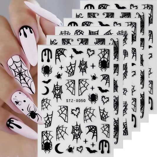 6Pcs Halloween Nail Stickers Spider Web Nail Decals DIY Self Adhesive Cobweb Nail Design Halloween