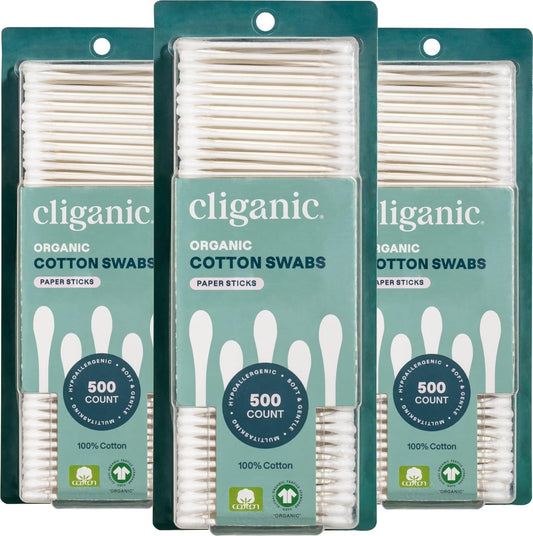 Cliganic Organic Cotton Swabs, 1500 Count - 100% Pure Natural Cotton, Chlorine-Free Hypoallergenic, Soft, Gentle & Absorbent Buds