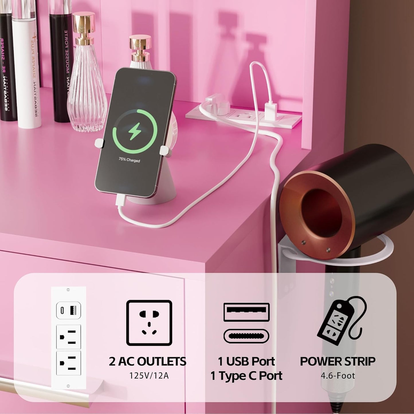 Furmax Vanity Desk with Mirror, LED Lights and Power Outlet Makeup Vanity Table with 7 Drawers and 6 Storage Shelves Dressing Table for Bedroom Dressing Room (Pink)