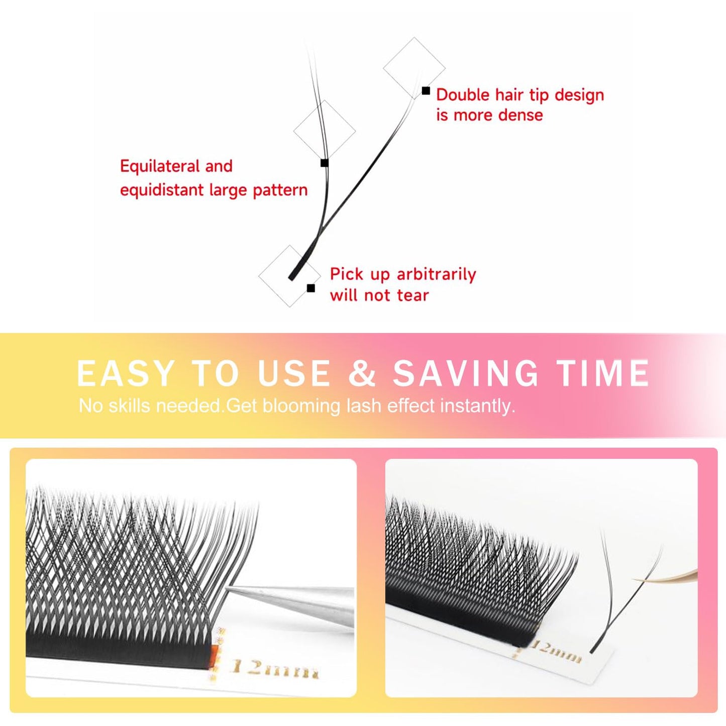 YY Lash Extensions Supplies Y Eyelash Extensions 0.05mm Thickness C Curl 12mm Premade Fans 4D Russian Volume Matte Black 12 Rows Crisscross Eye Lashes(YY-0.05-C,12mm)