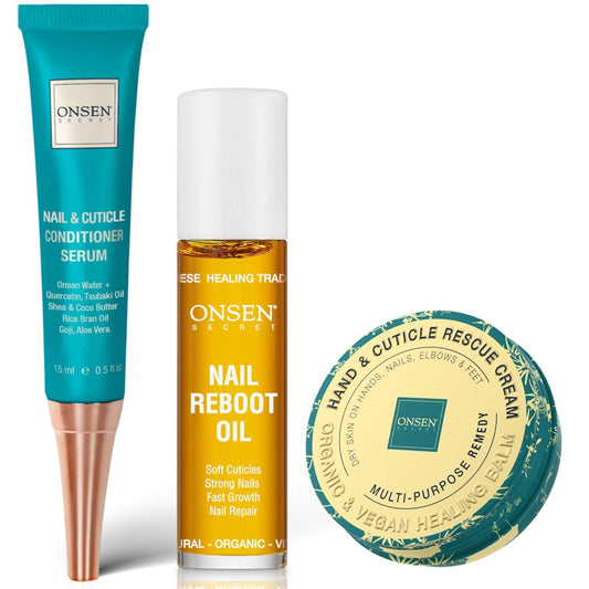 Onsen Nail & Cuticle Rescue Kit - Conditioner Serum, Repair Oil & Cuticle Balm - Tsubaki, Shea Butter, Jojoba - Strengthens Nails, Softens Cuticles, Hydrates Skin (15ml Serum + 10ml Oil + 26ml Cream)