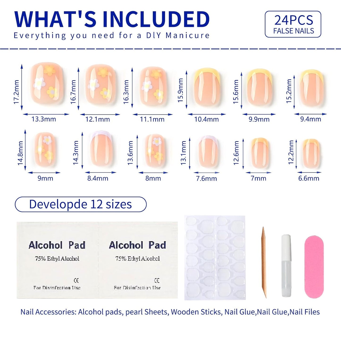 Summer Fall French Press on Nails Short Square, Pink Fake Nails with Colorful French Tip and Cute Blossom Designs, Glossy Gel Finish Acrylic Nails, Thick Reusable Glue on Nails for Women, Candy Tips