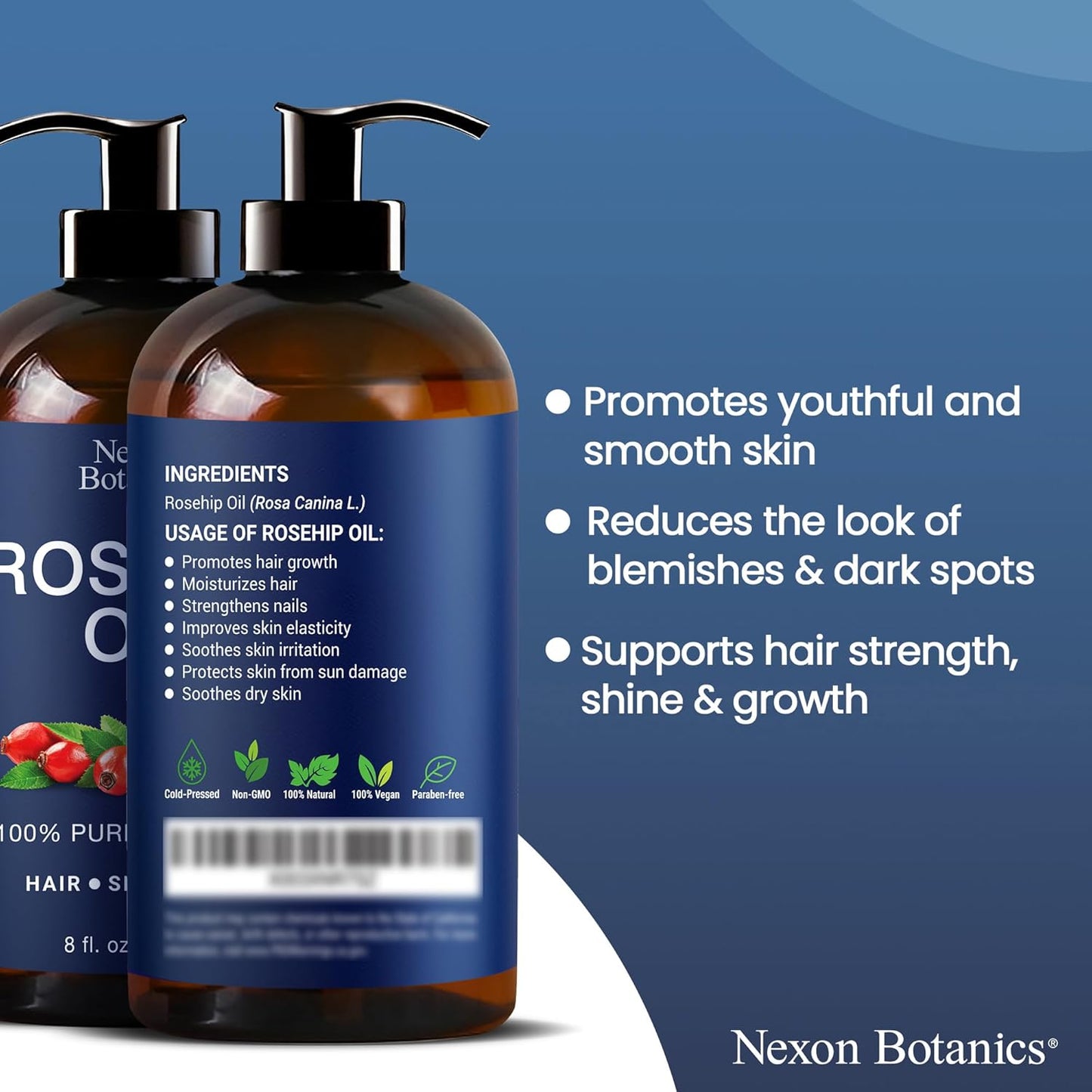 Rosehip Oil for Face 8 fl oz - Rosehip Seed Oil for Gua Sha, Massage, and Skin Care - Aceite de Rosa Mosqueta - Nexon Botanics