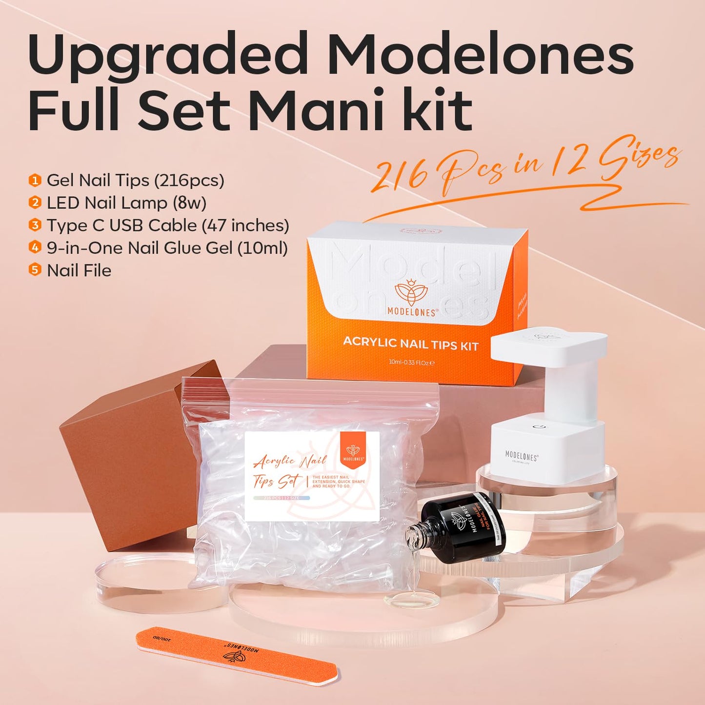 modelones Short Almond Gel Nail Tips Kit, 9-in-One Nail Glue with Portable U V Lamp 216Pcs 12Sizes Pre-Etched Press ons Fake Acrylic Extension Kit DIY Salon Gift for Women