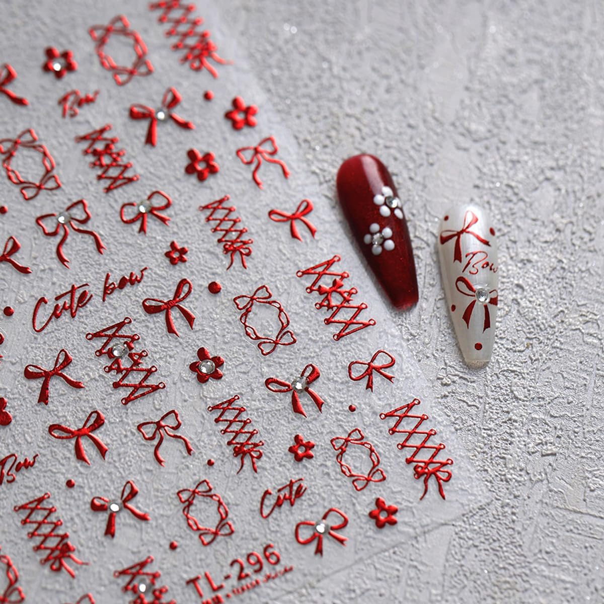 5D Embossed Red Bows Nail Stickers, Nail Art Sticker with Crystal Rhinestones Self-Adhesive Nail Decals for Women Nail Supplies Art Design Stickers (1, Red)