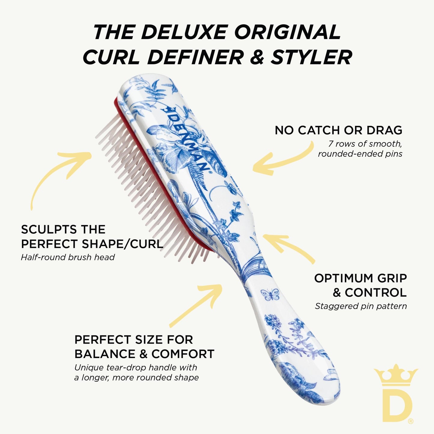 Denman D3 Original Curl Definer & Styler – 7‑Row Detangling Brush for Smooth, Defined Curls