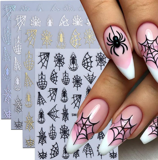 4Pcs Halloween Nail Stickers 3D Spider Web Nail Decals DIY Self Adhesive Cobweb Nail Design